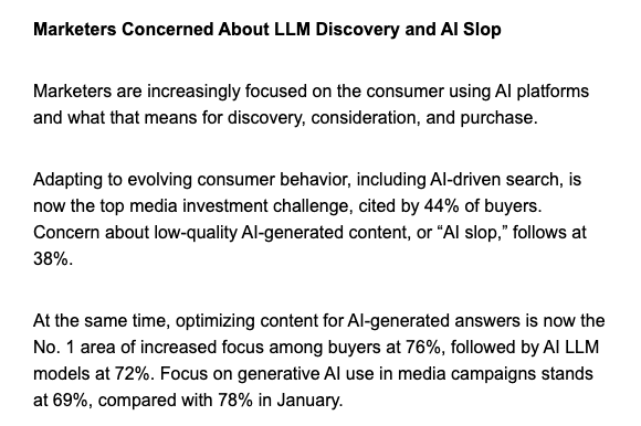 IAB 新聞稿段落：44% 買家視適應 AI 搜尋等行為轉變為最大投資難題，76% 增加關注 AI 答案優化