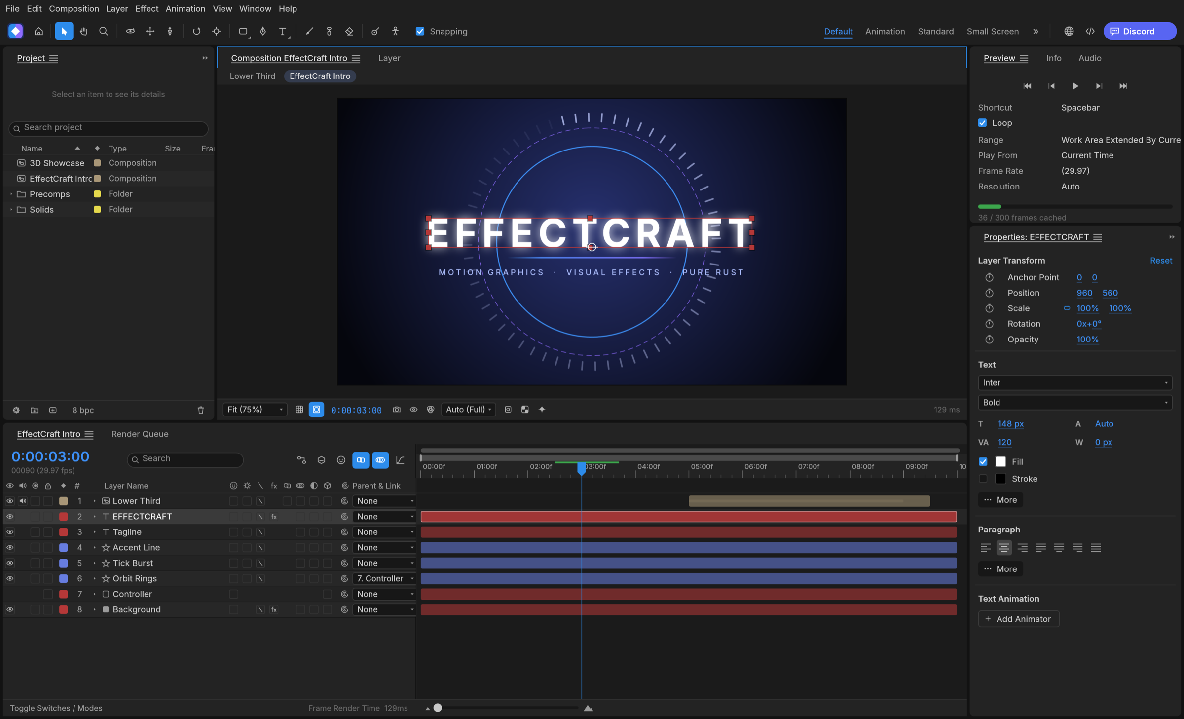EffectCraft 官方示範畫面，顯示合成預覽、圖層時間線及屬性面板