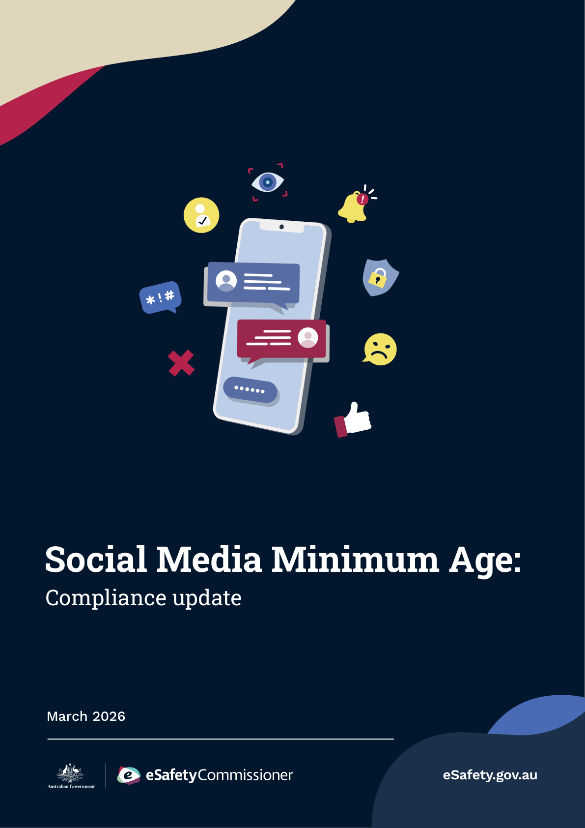 澳洲 eSafety 官方《Social Media Minimum Age》合規報告封面,二〇二六年三月。