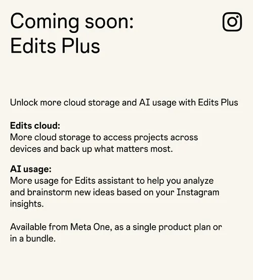 Meta 的 Edits Plus 宣傳圖，刊於 Social Media Today，二〇二六年十月二十一日。