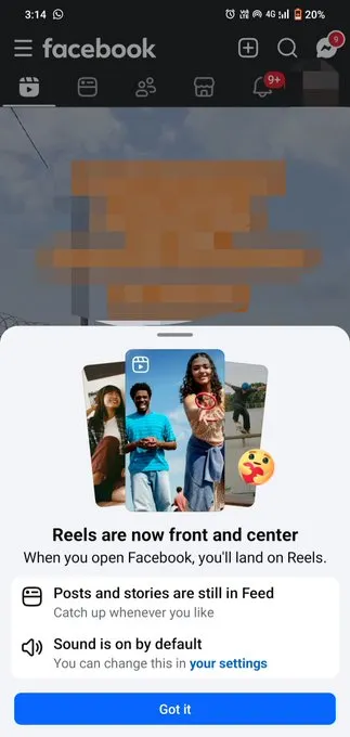 印度用戶看到的 Facebook Reels 優先首頁提示畫面