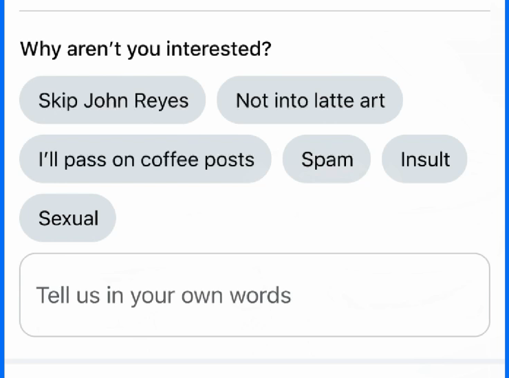 Meta 官方示範的 Not interested 詳細回饋畫面