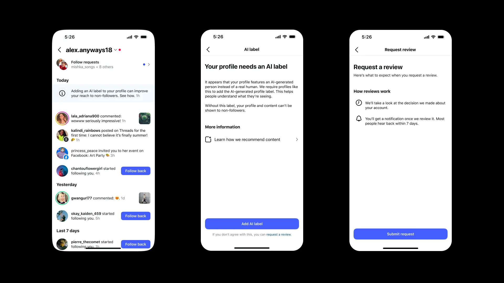 Instagram 官方示意圖，左邊為通知列顯示加 AI 標籤可增加對非追蹤者的觸及，中間為要求帳號加 AI 標籤的頁面，右邊為申訴覆核頁面