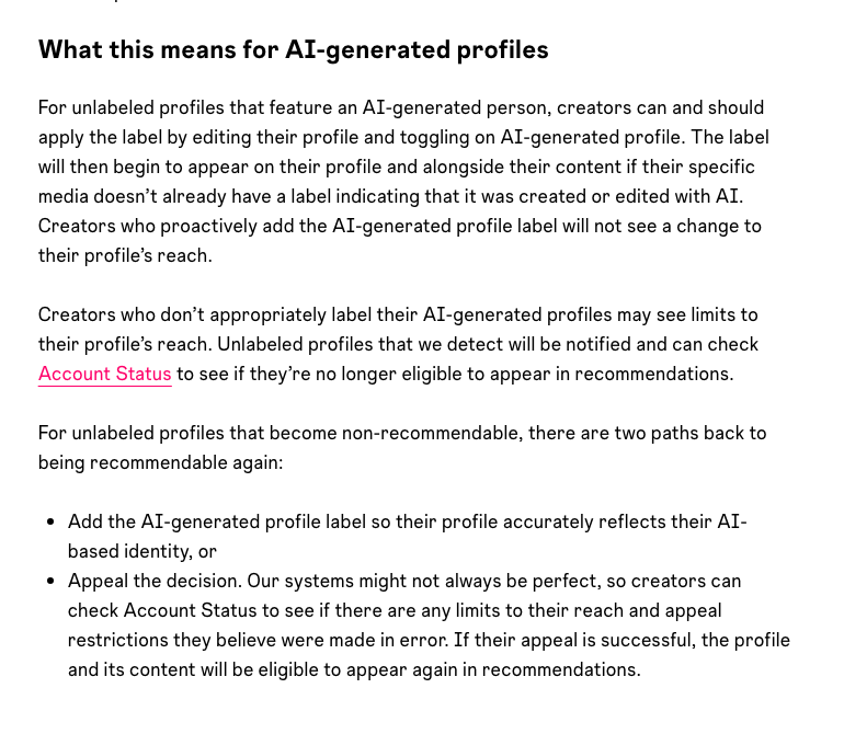 Instagram 官方網誌 What this means for AI-generated profiles 一節原文，說明加標籤的操作、主動加標籤不影響觸及、未適當標籤可能被限制觸及，以及兩條回到推薦的路徑