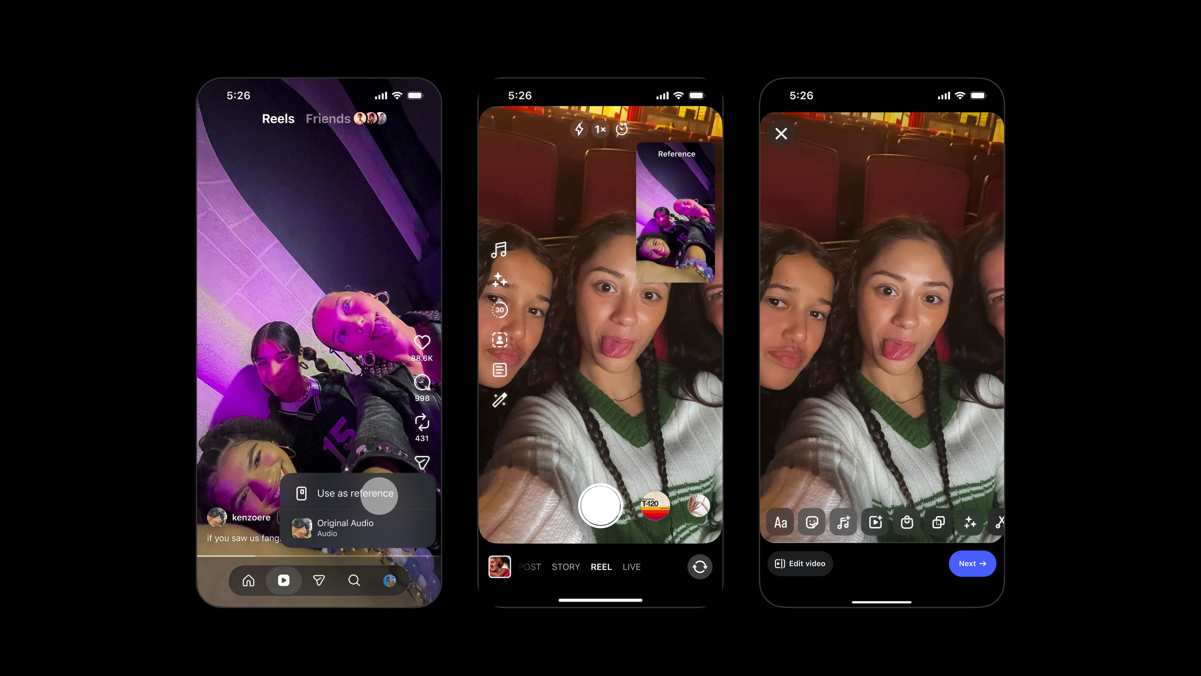 Instagram 參考 Reel 官方三屏功能示範