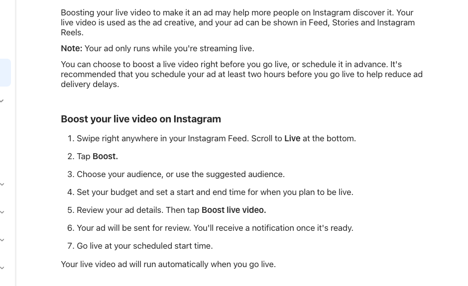 Instagram Help Center 列出直播 Boost 的廣告版位、播放時間及操作步驟