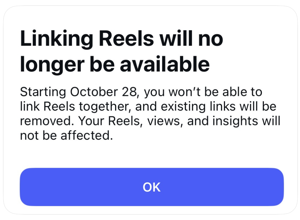 Instagram 關於 Reels 互相連結功能終止的通知