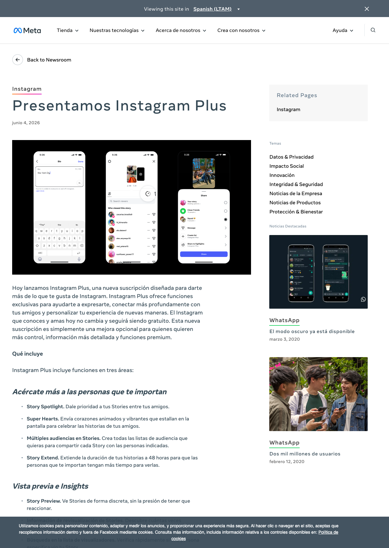 Meta 官方 Instagram Plus 介紹頁，列出現有訂閱功能