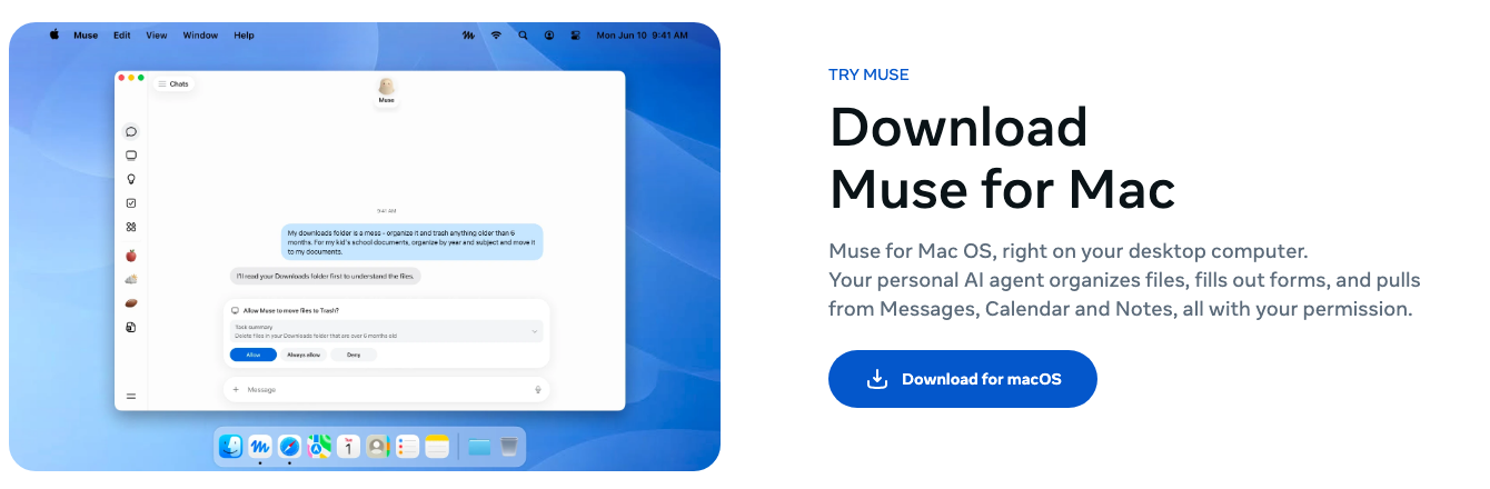 Meta 官方 Muse 下載頁的 Mac 版介紹