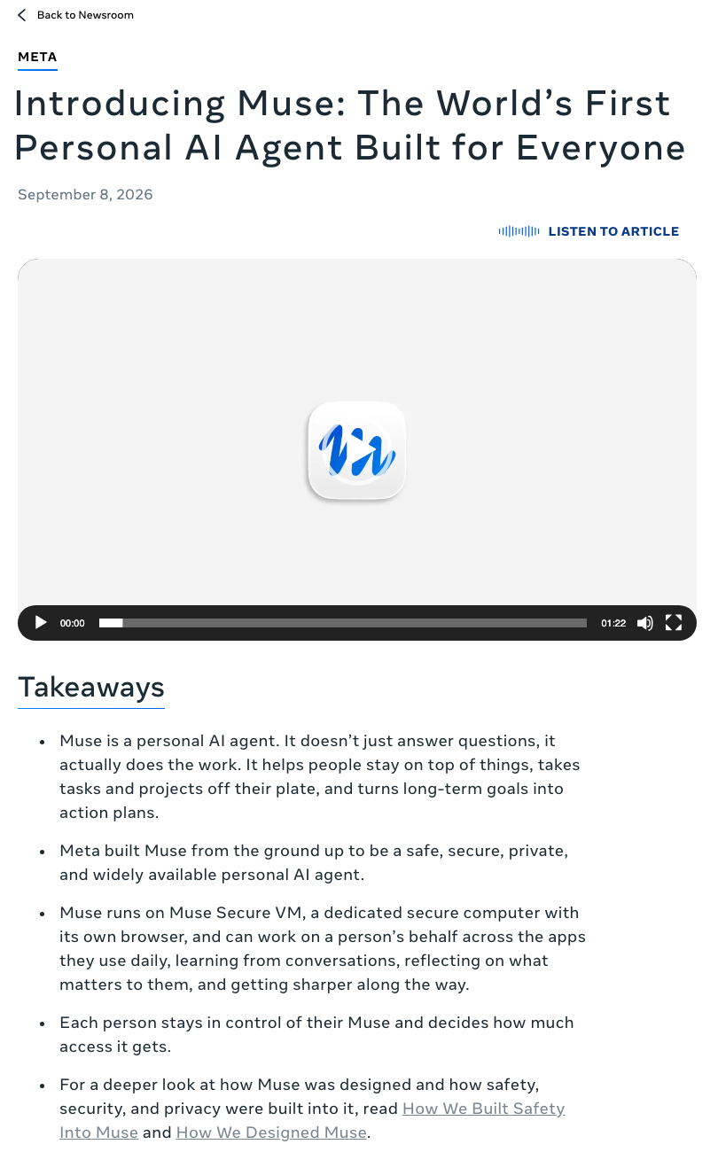 Meta Newsroom 的 Muse 公佈頁