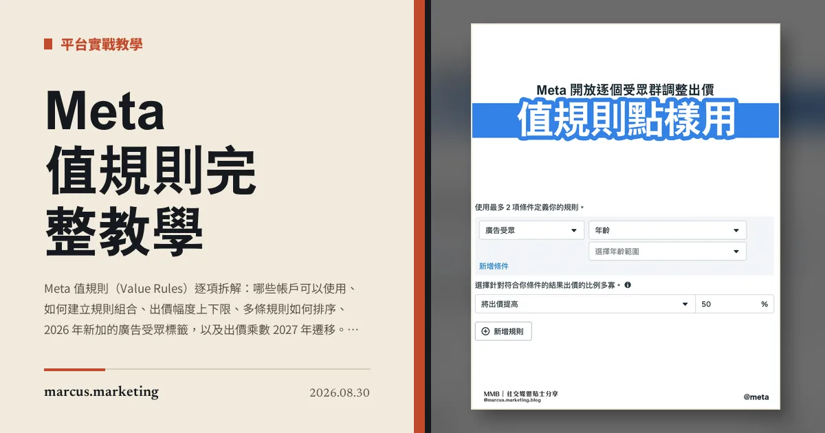 Meta 值規則完整教學：設定、順序、廣告受眾標籤與 2027 年遷移