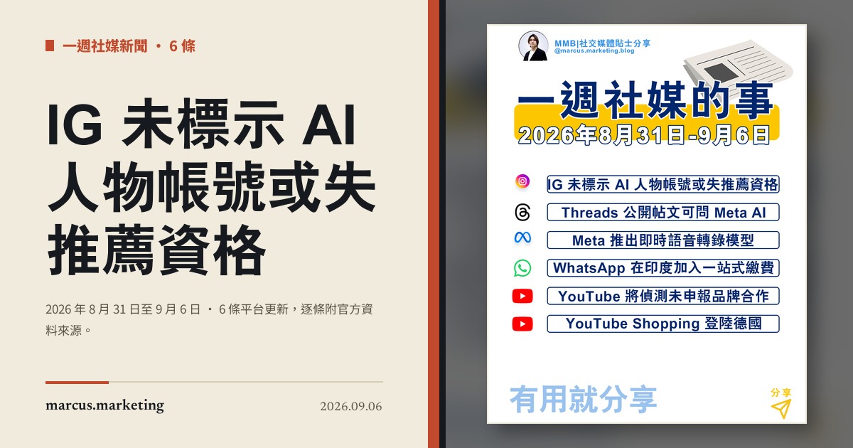 一週社交媒體新聞｜2026 年 8 月 31 日至 9 月 6 日