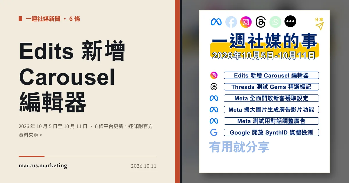 一週社交媒體新聞｜2026 年 10 月 5 日至 10 月 11 日