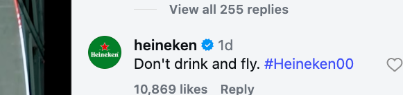Heineken 在 Tesla 官方 Instagram 影片下的留言
