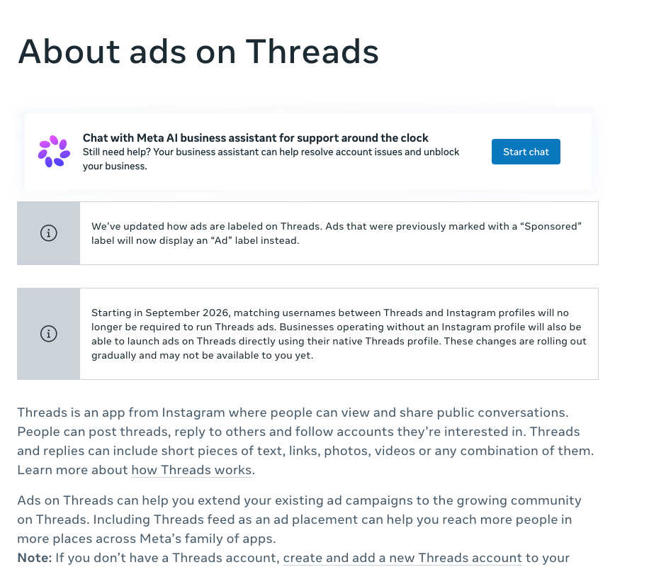 Meta Business Help Center〈About ads on Threads〉頁面上的兩段通知