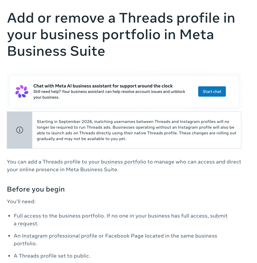 Meta Business Help Center 說明頁上的通知與「開始之前」要求