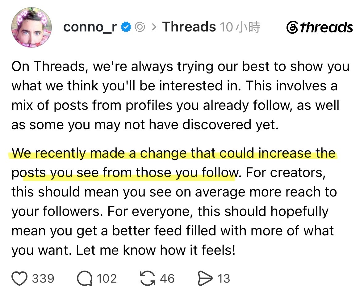 Connor Hayes 的 Threads 原帖截圖
