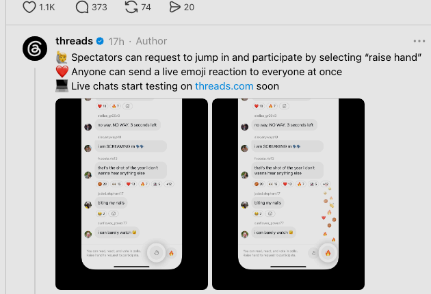 Threads 官方帳號公布 Live Chat 的 raise hand、emoji reaction 及 Web 版測試