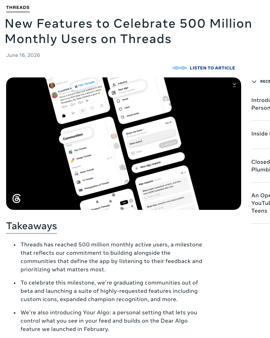 Meta Newsroom 公佈 Threads 月活躍用戶達 5 億
